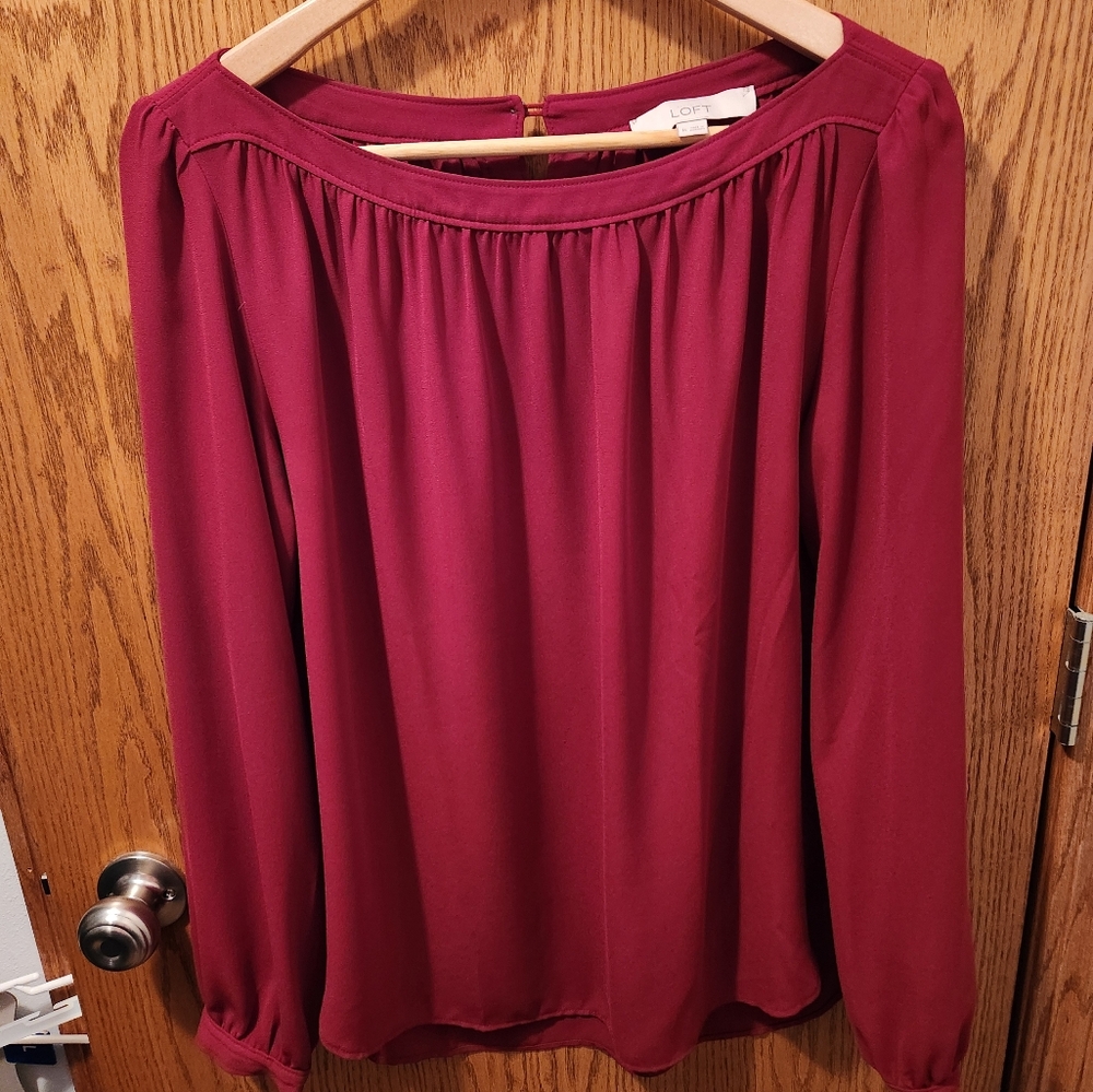 LOFT Burgundy Long Sleeve Chiffon Blouse, size medium